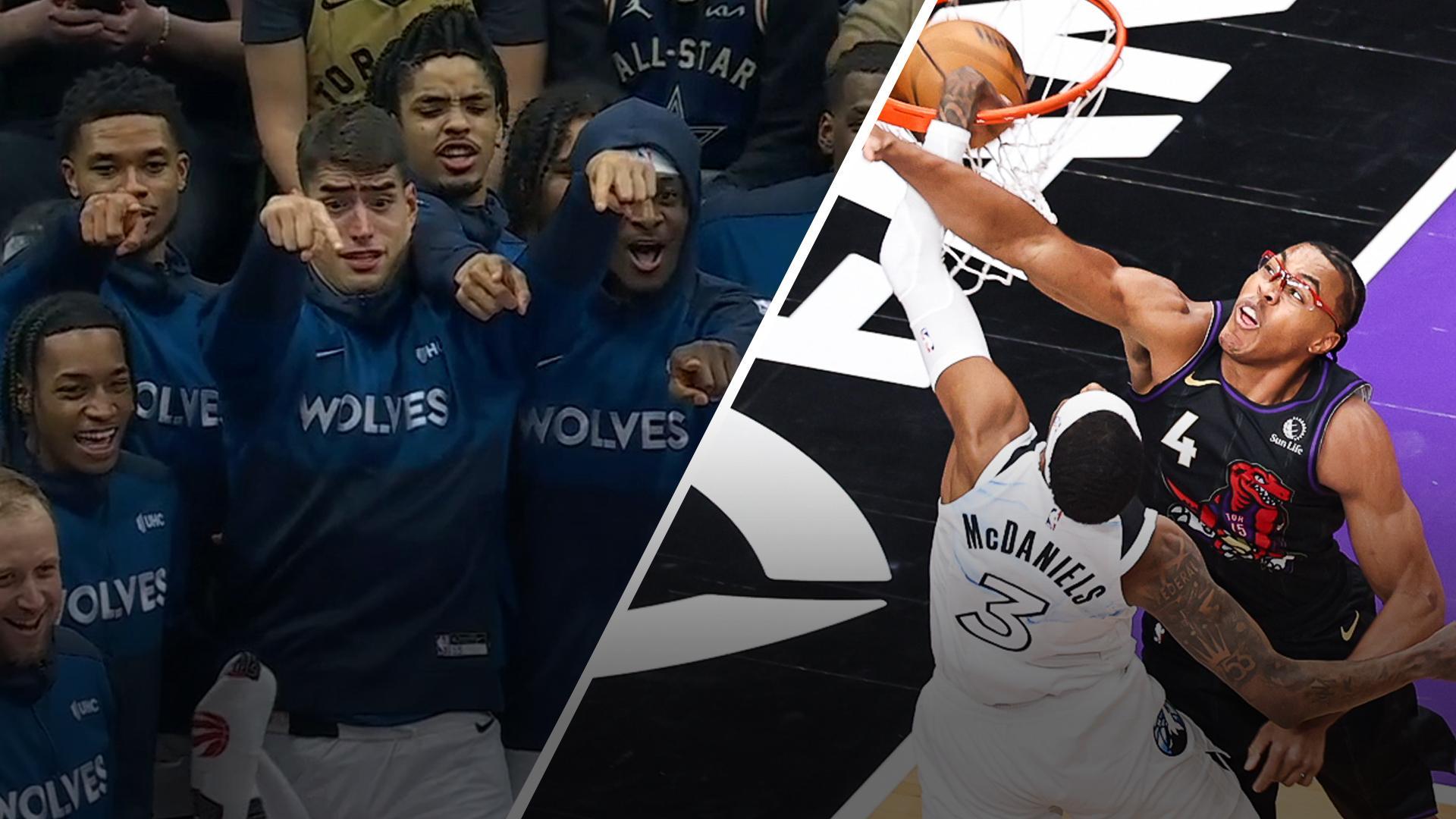 Jaden McDaniels throws down a left-handed slam all over Scottie Barnes to the delight of the Timberwolves bench.