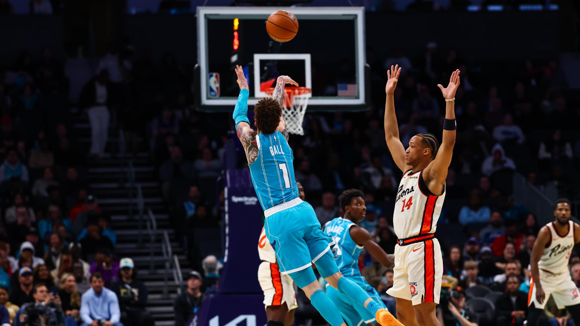 LaMelo Ball tries to shake his defender but is forced to chuck up a logo 3 that finds the bottom of the net.