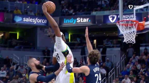 Myles Turner slams in a dunk for the Pacers vs. the Wizards.
