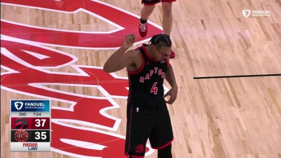 Scottie Barnes hits a 3 for the Raptors and breaks out a dance in response to Malik Beasley's celebration for the Pistons earlier in the game.