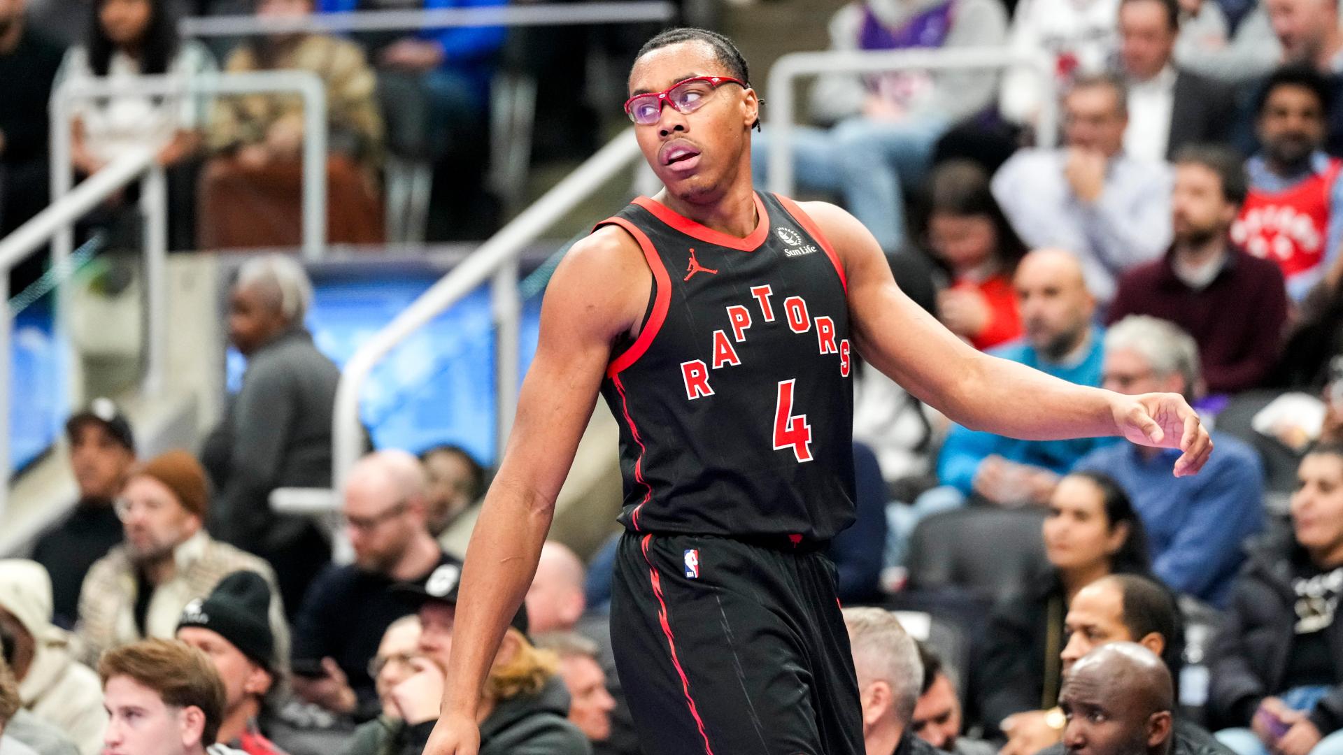 Scottie Barnes finishes with a nice basket while drawing a foul.