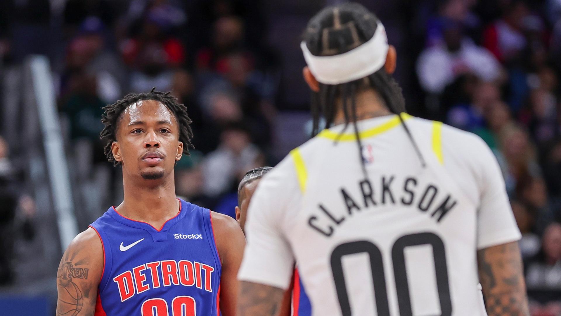 Jordan Clarkson and Ron Holland II receive double technical fouls during an altercation after a Pistons basket against the Jazz.