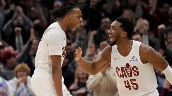 The Cavaliers hold on for a 129-122 victory over the Thunder in a battle of the top seeds in each conference in the NBA.