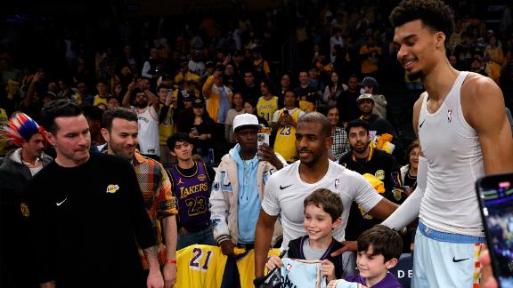 Check out this heartwarming moment when Chris Paul and Victor Wembanyama gift their signed jerseys to JJ Redick's two sons following the Spurs-Lakers game.