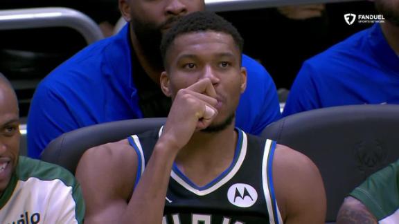 Giannis Antetokounmpo is bummed after Anthony Black doesn't miss both his free throws, which would have given Bucks fans free wings.