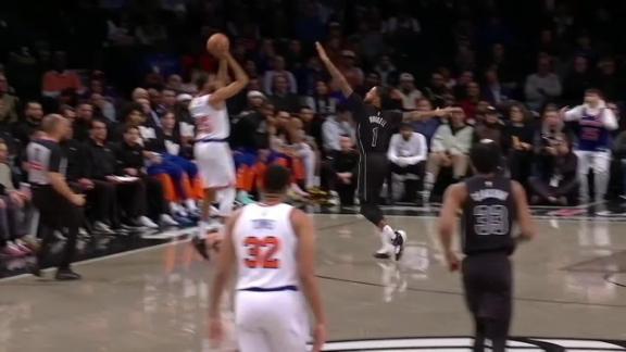 Mikal Bridges pulls up from the wing and knocks down a 3-pointer for the Knicks.
