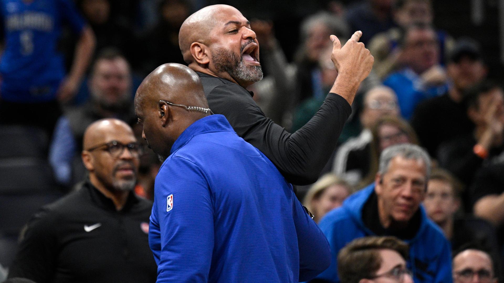 Pistons coach J.B. Bickerstaff gets two straight technical fouls for arguing with the refs.