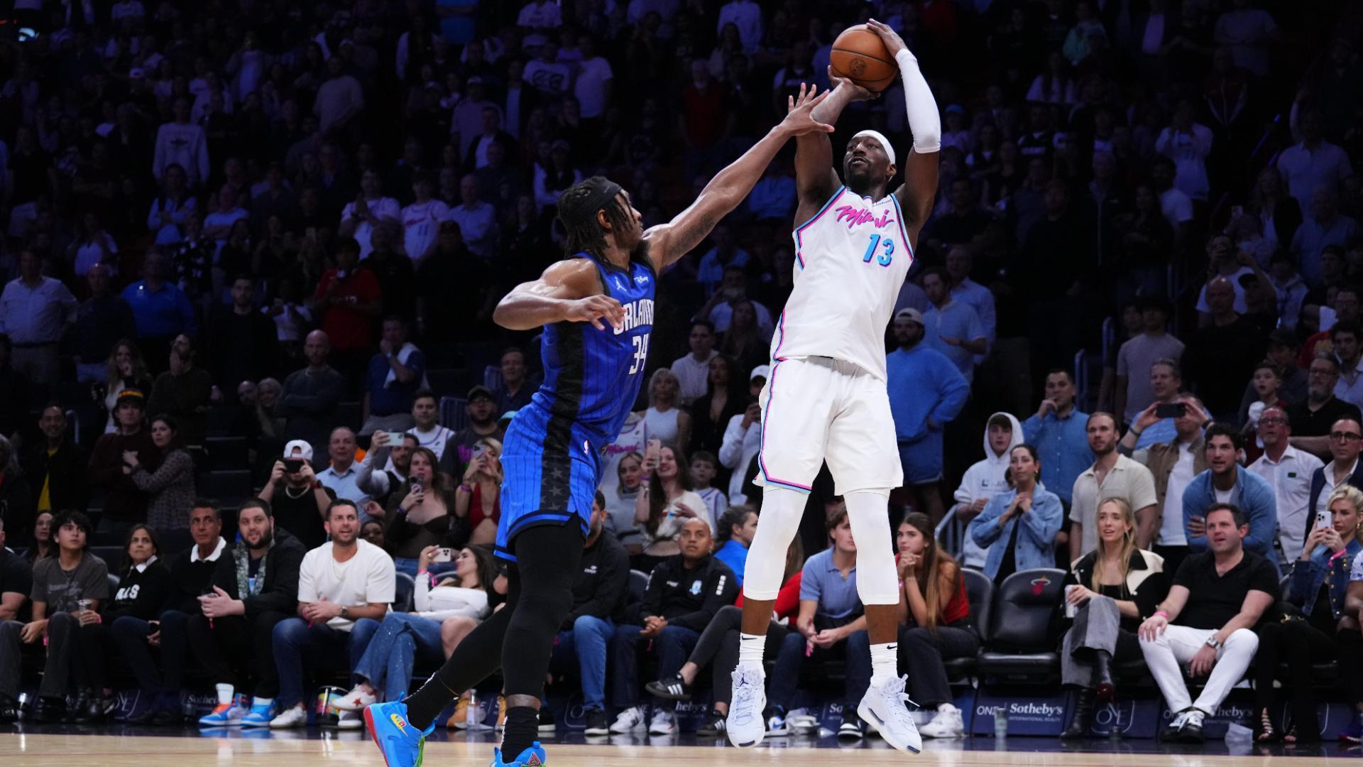 Bam Adebayo drains a jumper late in double-overtime as the Heat go on to defeat the Magic.