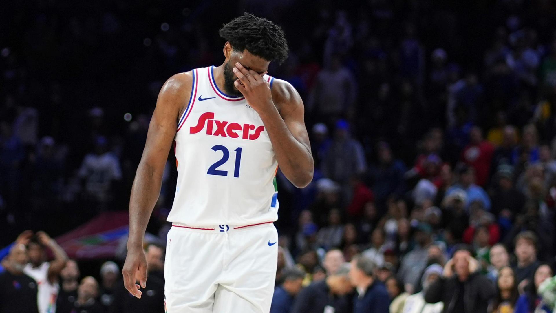 Joel Embiid passes up an open 3-pointer and gets stripped of the ball to the chagrin of the Philadelphia crowd.