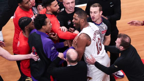 Things get heated after Tristan Thompson's dunk in the remaining seconds of the Cavaliers and Raptors game.