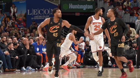 Donovan Mitchell scores 27 points in just three quarters to lead the Cavaliers in a blowout victory over the Knicks.





