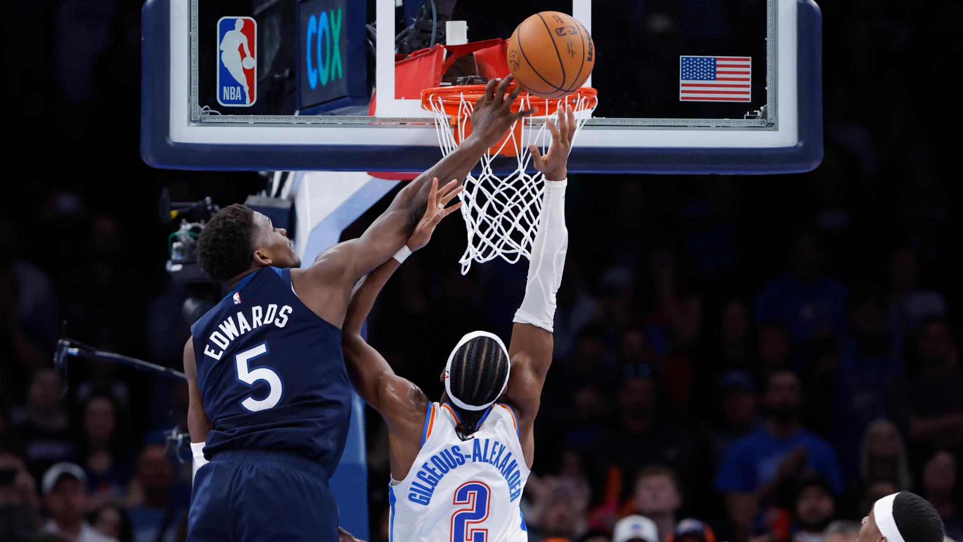 Shai Gilgeous-Alexander drives to the rack looking for a bucket, but Anthony Edwards meets him for a massive block.