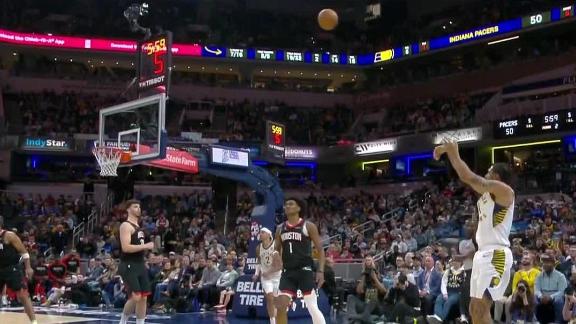 Obi Toppin gets the pass from Andrew Nembhard and drills the 3-pointer.