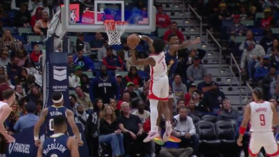 Tari Eason's hustle play sets up Amen Thompson for an emphatic Rockets dunk against the Pelicans.