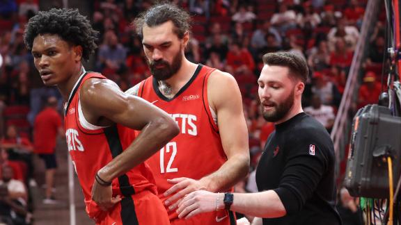 Amen Thompson lands on Karlo Matkovic's ankle and is shaken up as he's forced out of the game.