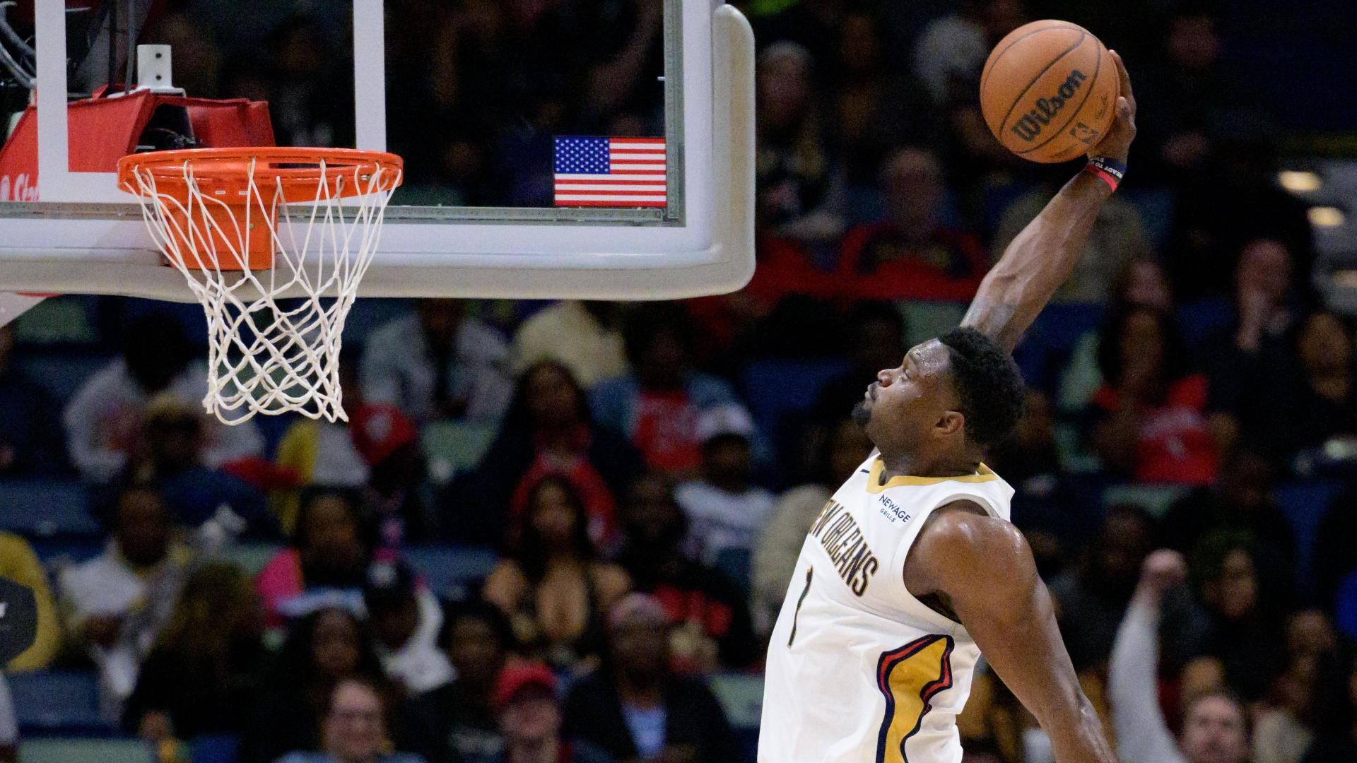 Zion Williamson gets up and finishes a big-time slam dunk for the Pelicans.