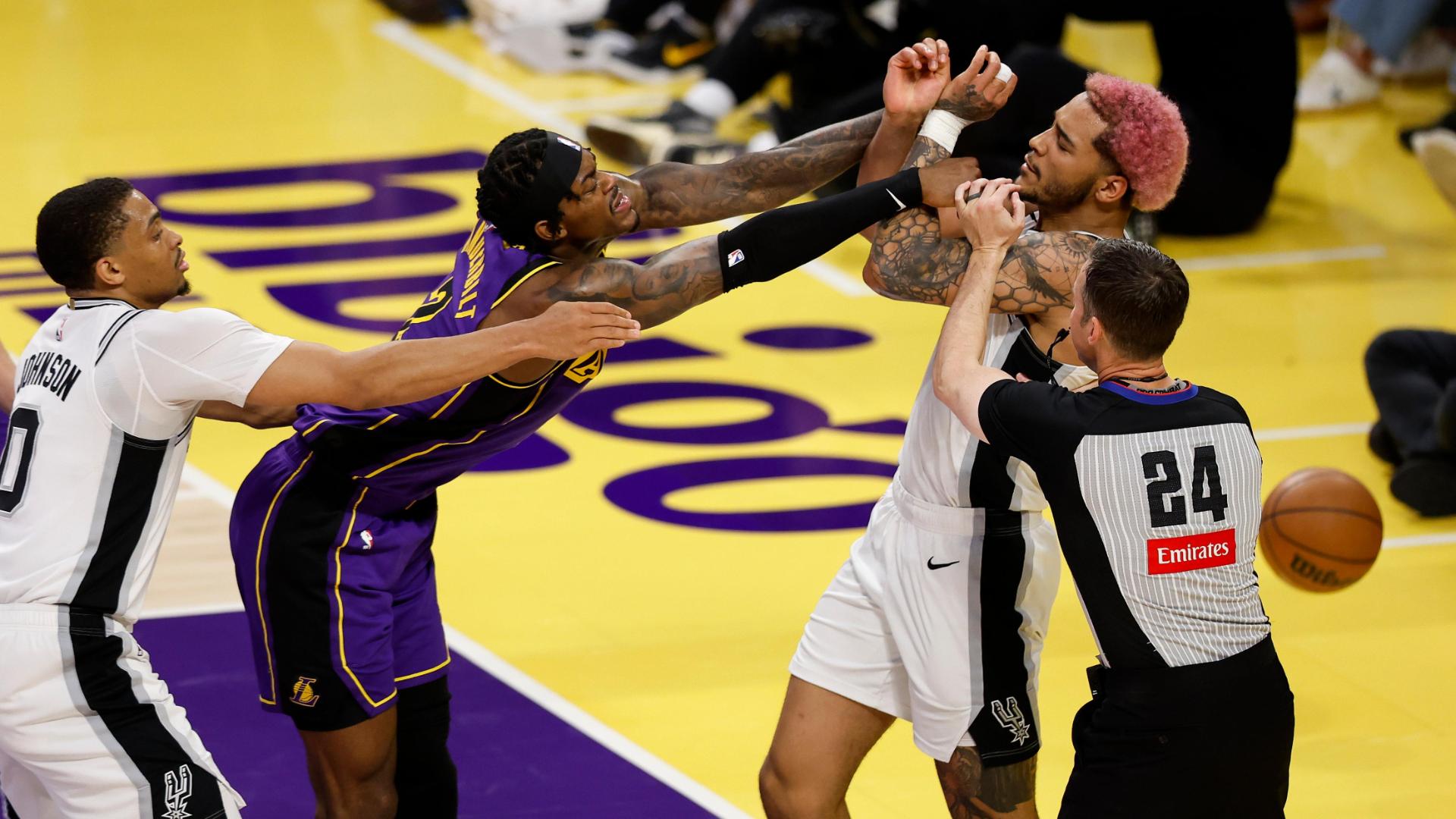 Jeremy Sochan chucks the ball at Jarred Vanderbilt, who responds by pushing him, as both players are ejected from the game.