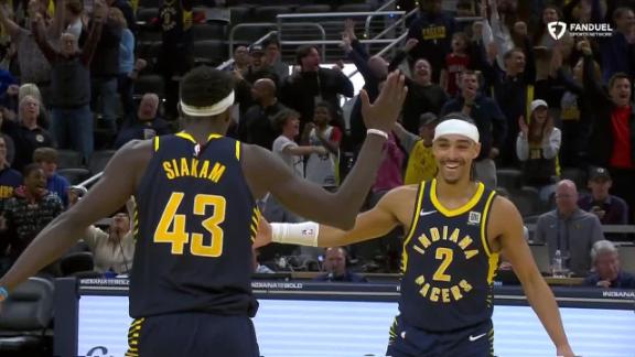 Indiana's Andrew Nembhard puts the Pacers ahead at home with a 3-pointer after he's left open on a chaotic sequence late in the fourth quarter.