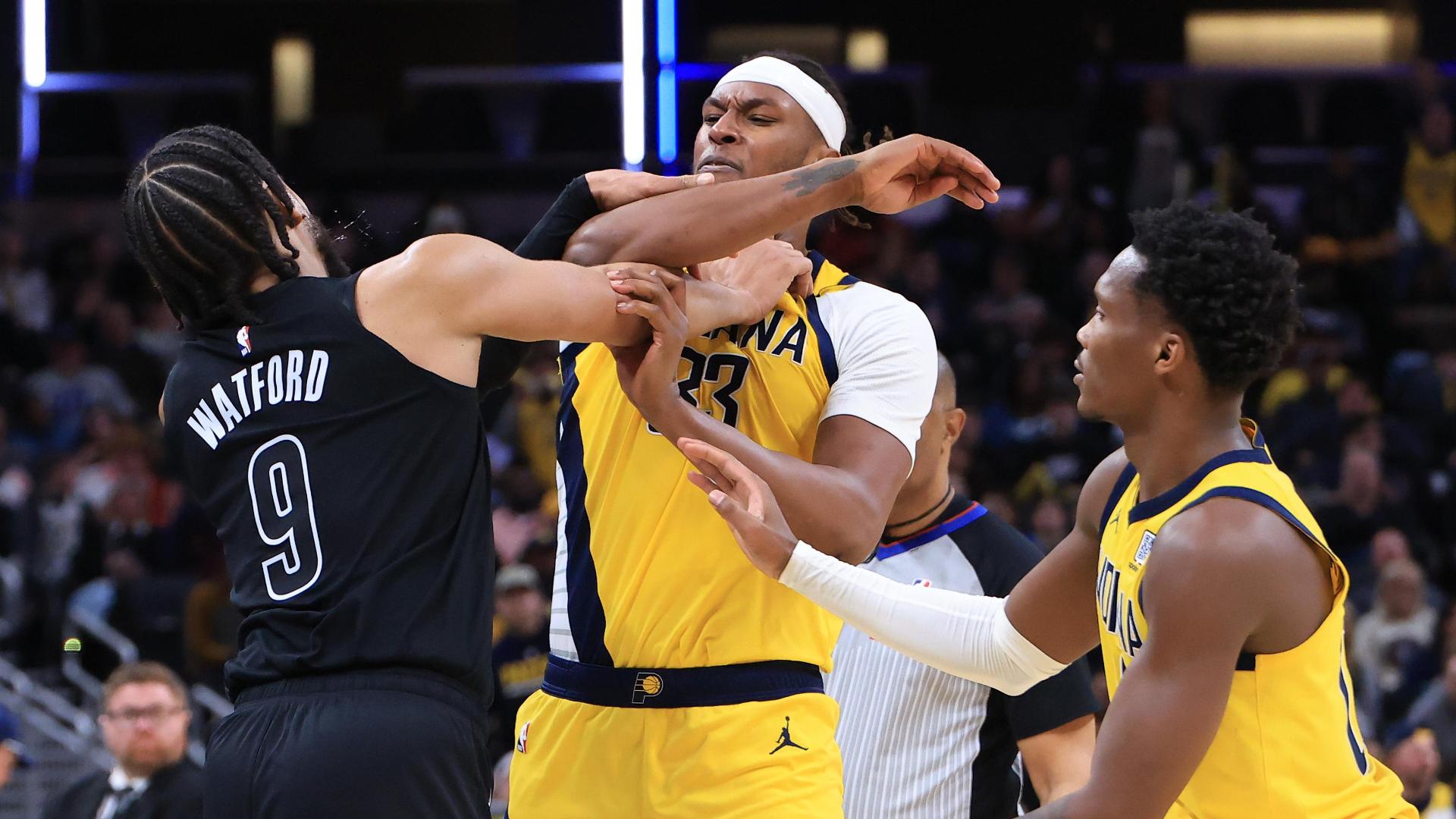 Tempers flare between Trendon Watford and Myles Turner in Pacers-Nets, resulting in double technicals.