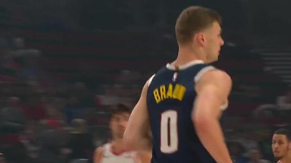 Russell Westbrook threads the needle to hit Christian Braun in stride for an easy finish vs. the Blazers.

