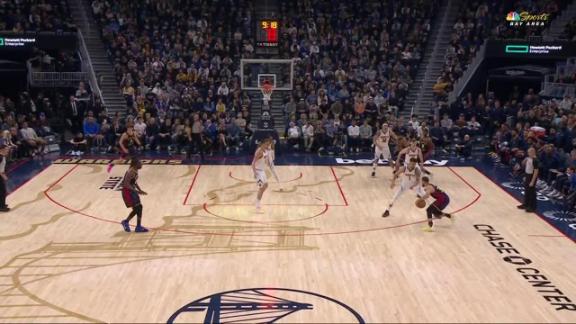 Steph Curry's sweet footwork leads to a triple against the Nuggets.