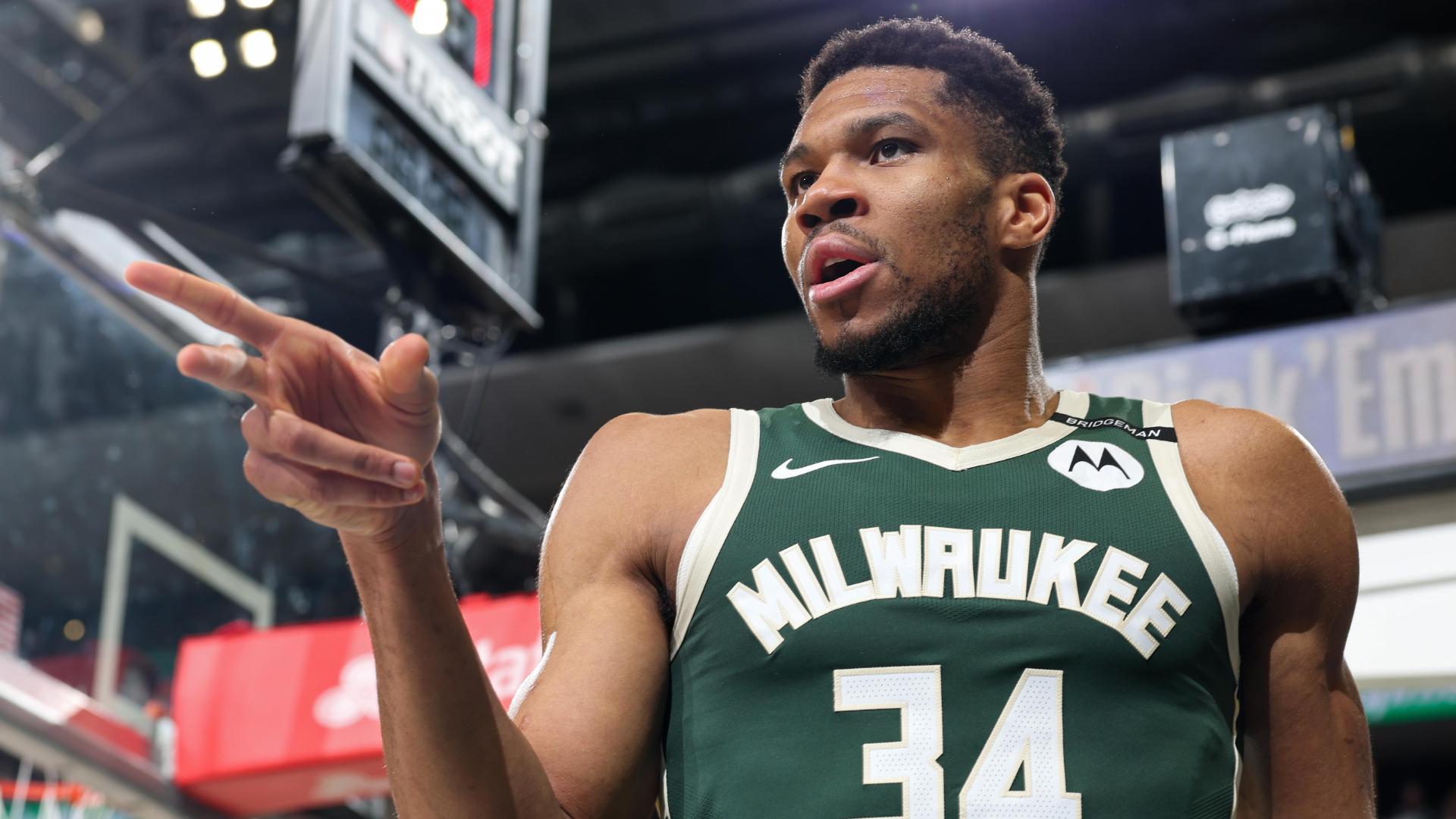 Giannis Antetokounmpo elevates for a big-time block then takes the rock coast-to-coast for an impressive and-1.