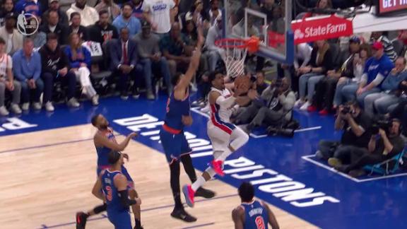 Malik Beasley dimes Tobias Harris who gets the and-1 to fall for the Pistons vs. the Knicks.