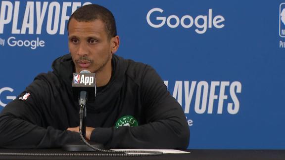 Celtics head coach Joe Mazzulla speaks to reporters about his team's effort to defeat the Knicks and force a Game 6.