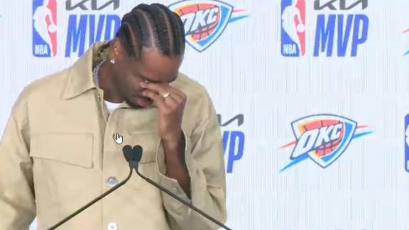 Thunder star Shai Gilgeous-Alexander sheds tears while thanking his family as he accepts the MVP award for the 2024-25 NBA season.