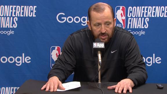 Knicks coach Tom Thibodeau reacts to the team's late collapse against the Pacers in Game 1.
