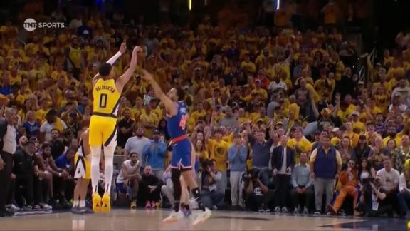 Tyrese Haliburton fires up the home crowd with a logo 3 for the Pacers.