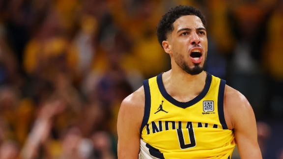 Tyrese Haliburton drops 21 points and 13 assists as the Pacers drub the Knicks to clinch an NBA Finals berth.