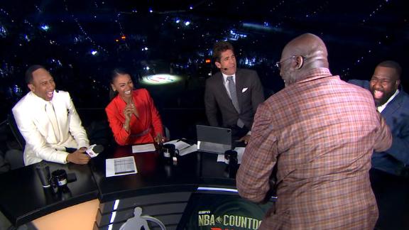 Shaquille O'Neal interrupts Stephen A. Smith's point as he makes his way to the "NBA Countdown" set.
