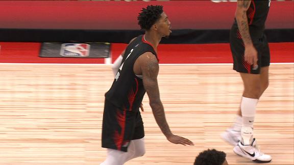 Caleb Love pulls off some fancy moves and drains a jumper to put the Trail Blazers up 87-79.