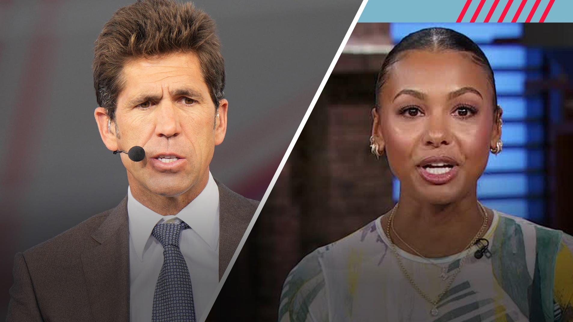 Malika Andrews congratulates former Warriors GM Bob Myers as he leaves ESPN to join Harris-Blitzer group as president of sports.
