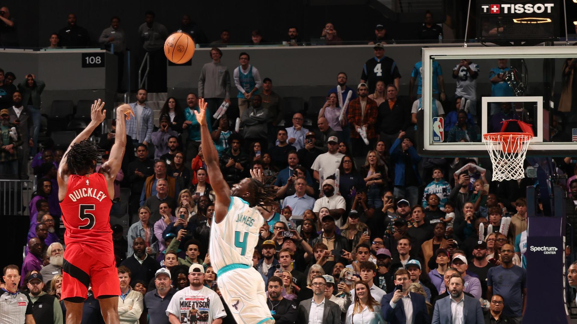 Immanuel Quickley nails a 3-pointer at the buzzer to give the Raptors a 97-96 win vs. the Hornets.