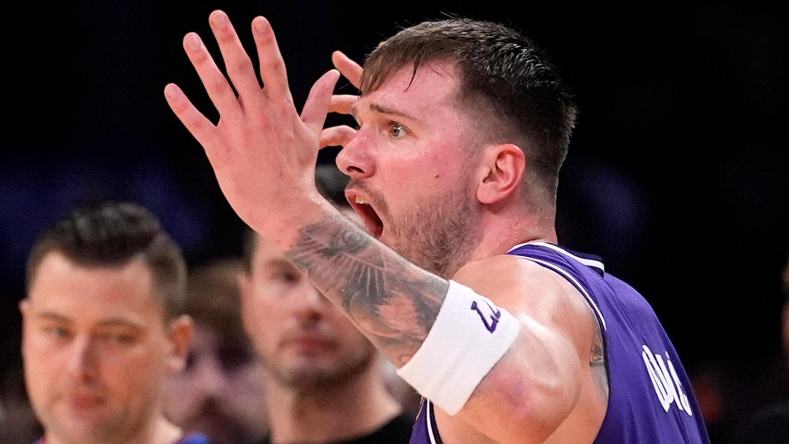 Luka Doncic is not pleased after he picks up his 6th foul on a Bucks 3-point attempt to cost the Lakers with under 20 seconds remaining.