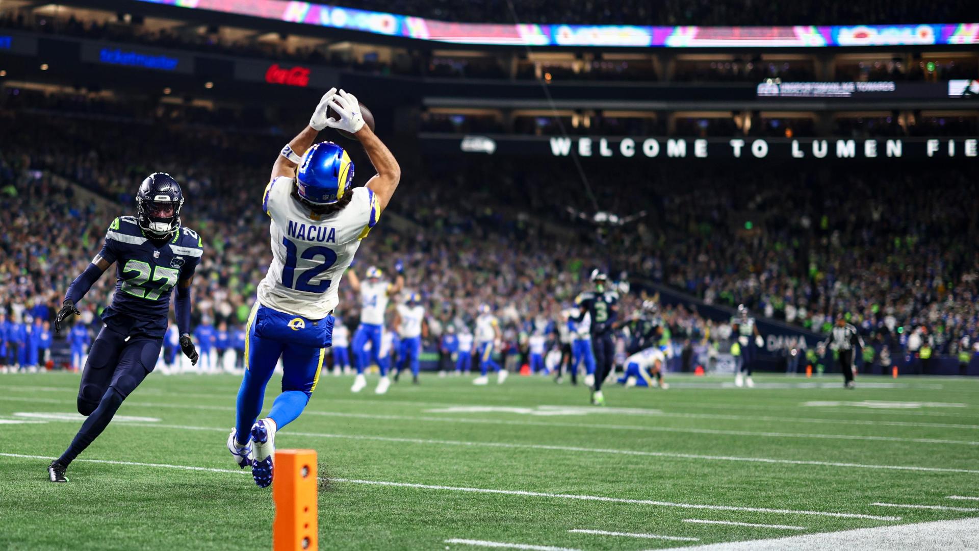 Puka Nacua touchdown catch for LA Rams vs Seattle Seahawks NFC Championship 2026
