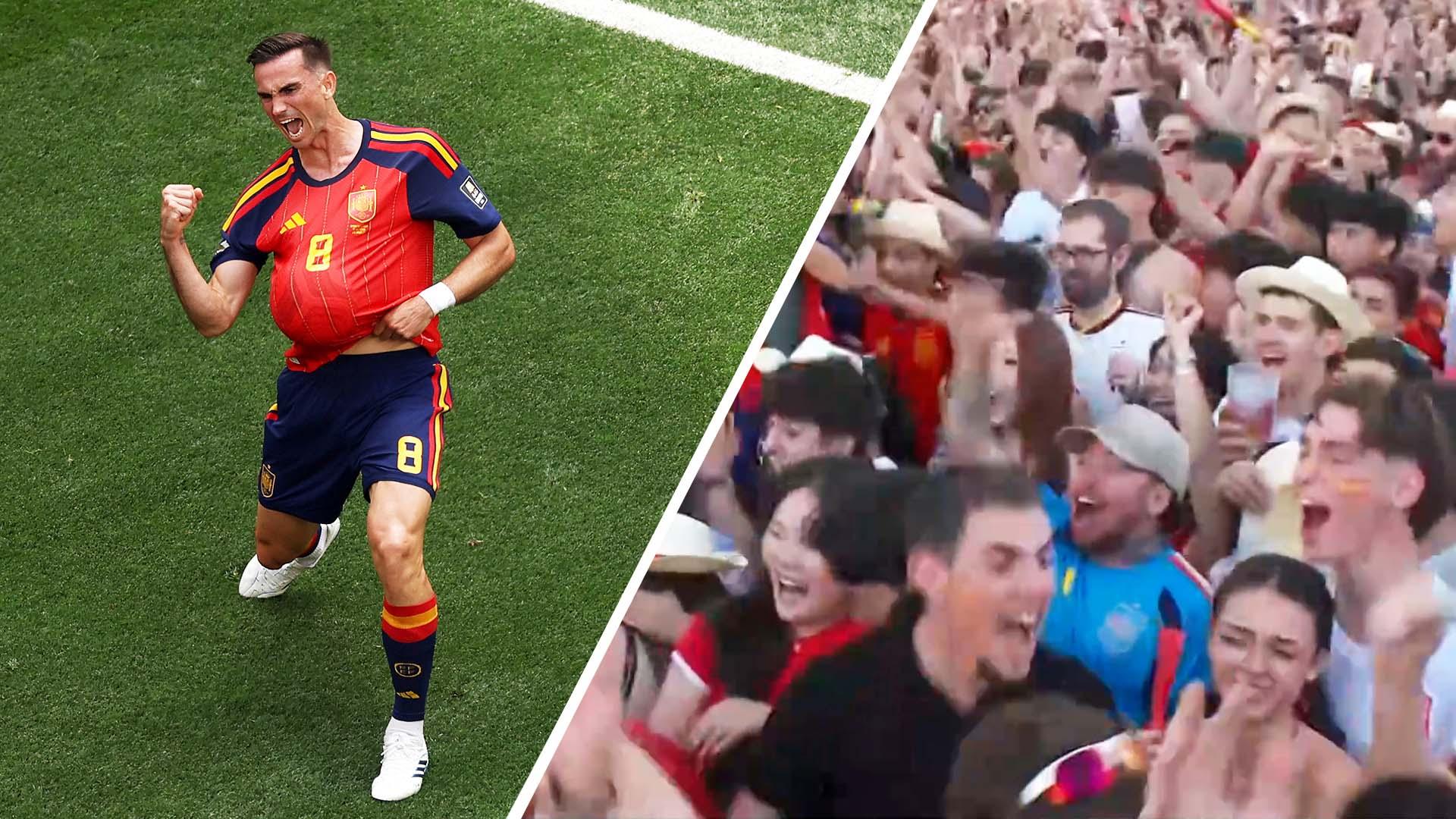 Spanish fans celebrate  Ruiz's goal for Spain vs. Belgium