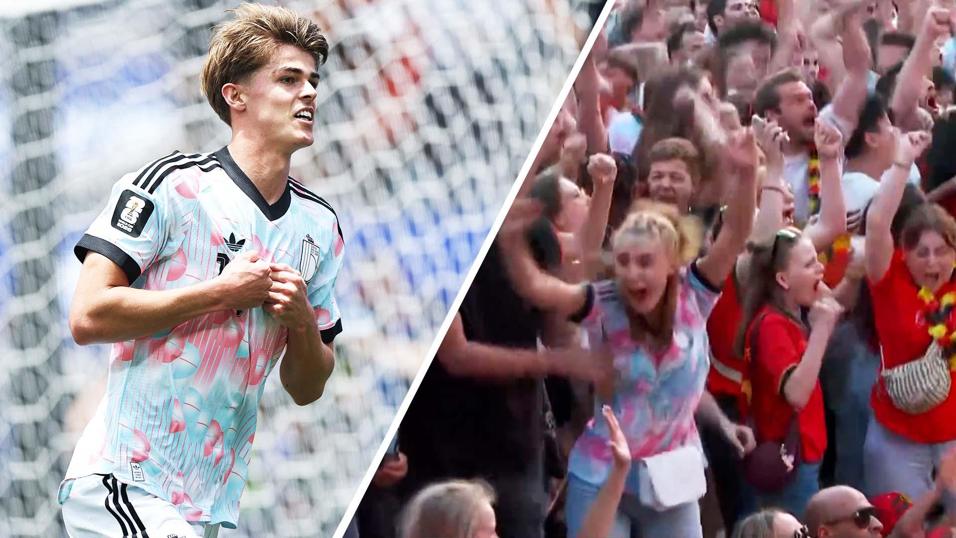 Belgium fans celebrate De Ketelaere's equaliser vs. Spain