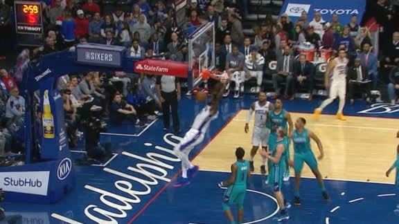 Embiid fools Zeller and slams it home