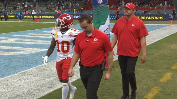 Hill heads to locker room with hamstring injury