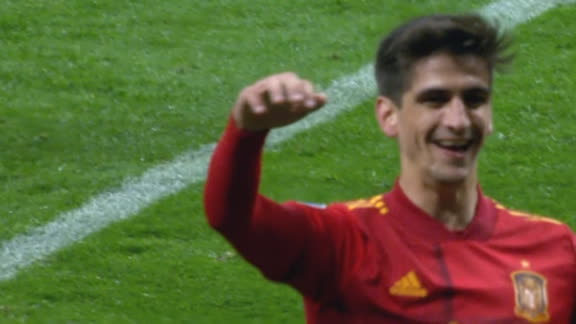 Gerard Moreno's header finds the corner for Spain
