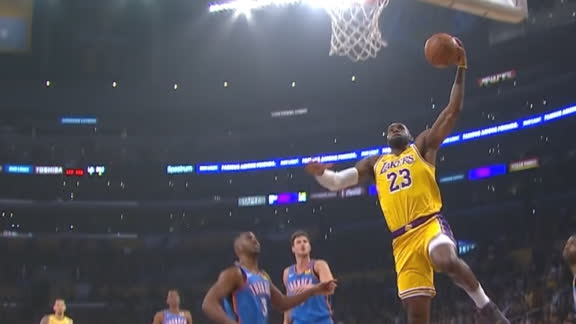 LeBron flies to the rim for dunk and the foul