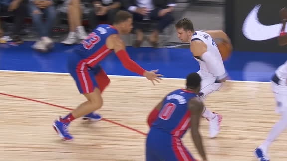 Doncic splits 2 Pistons with a behind-the-back dribble