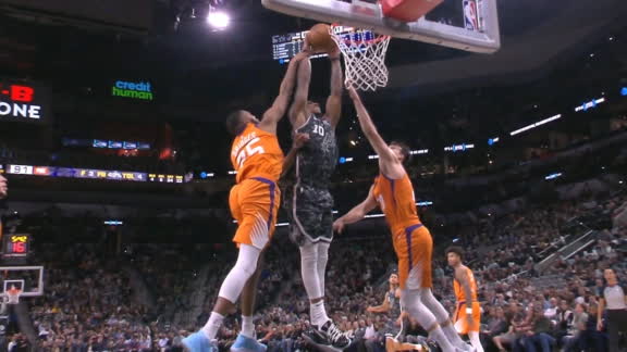DeRozan attacks the rim with two defenders in his face