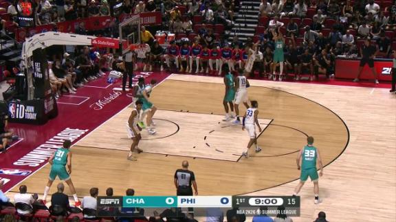 Ryan Kalkbrenner's game-sealing block on Judah Mintz gives the Hornets a 96-94 victory over 76ers.