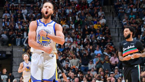 Steph Curry drops 46 points with five assists in the Warriors' 125-120 win over the Spurs.