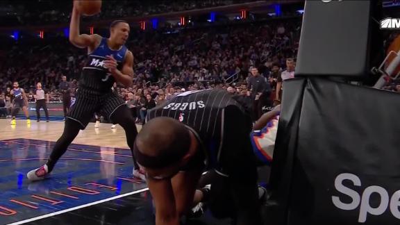 Desmond Bane inexplicably chucks the ball at OG Anunoby while Anunoby is sitting on the floor out of bounds.