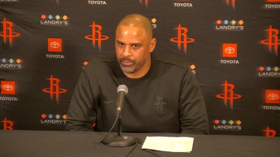Rockets coach Ime Udoka criticizes the officials after Houston's overtime loss to the Nuggets on Monday night.
